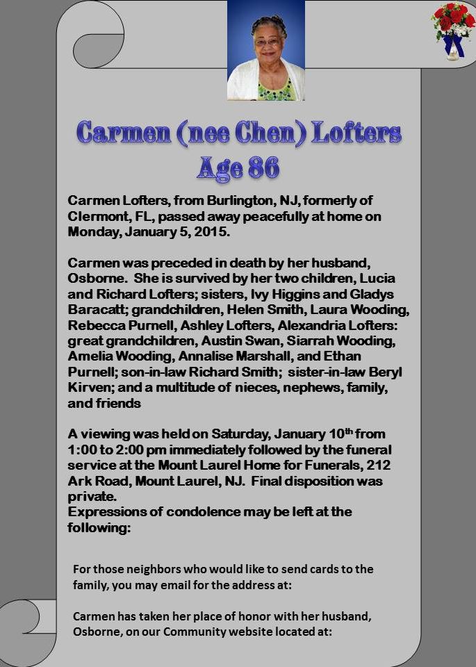 Carmen Lofters Obit 1-10-2015